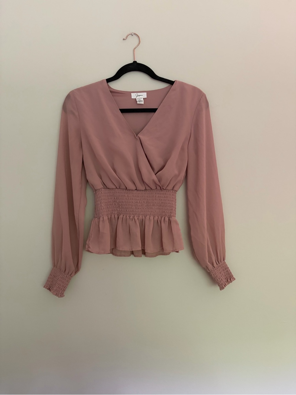 Japna Smocked Waist Peplum Long Sleeve V-Neck Blouse- Small